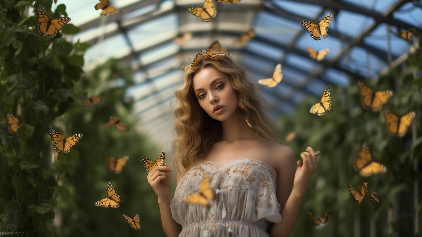In a garden greenhouse, a young woman stands,
Wearing a white dress, crafted by nature's hands.
Surrounded by butterflies, a vibrant array,
She becomes the epitome of beauty in this place.

Her presence, ethereal, like a blooming flower,
Radiating grace, with an enchanting power.
Butterflies flutter, a dance in the air,
As she moves with elegance, beyond compare.

In her white dress, she becomes a muse,
Inspiring awe, as if painted by hues.
Each butterfly, a brushstroke of living art,
Creating a masterpiece, in this garden's heart.

Their delicate wings, a kaleidoscope of hue,
Mirroring her essence, each color true.
She's one with nature, in this serene retreat,
A harmonious symphony, where beauty and butterflies meet.

She breathes in whispers of petals and dreams,
Amidst the fluttering wings, a heavenly theme.
A vision of grace, an embodiment of light,
The young woman enchants, like the dawn's first sight.

In this garden greenhouse, a magical sight,
A beautiful young woman, embraced by flight.
Butterflies and beauty intertwine with delight,
Creating a moment, where dreams take flight.

#AIBeauties #AIStyledPerfection #DigitalElegance #AIEnhancedBeauty #ArtificialIntelligenceArtistry #chatGPT #MidJourney #GardenGreenhouse #YoungWomanInWhite #ButterflySurround #EtherealPresence #NatureCraftedDress #VibrantArray #EnchantingPower #FlutteringDance #BeyondCompare #LivingArt #MasterpieceInMotion #HarmoniousSymphony #NatureMuse #KaleidoscopeOfHues #BreathingPetals #SereneRetreat #EmbodimentOfLight #MagicalSight #BeautyInFlight #DreamsTakeFlight