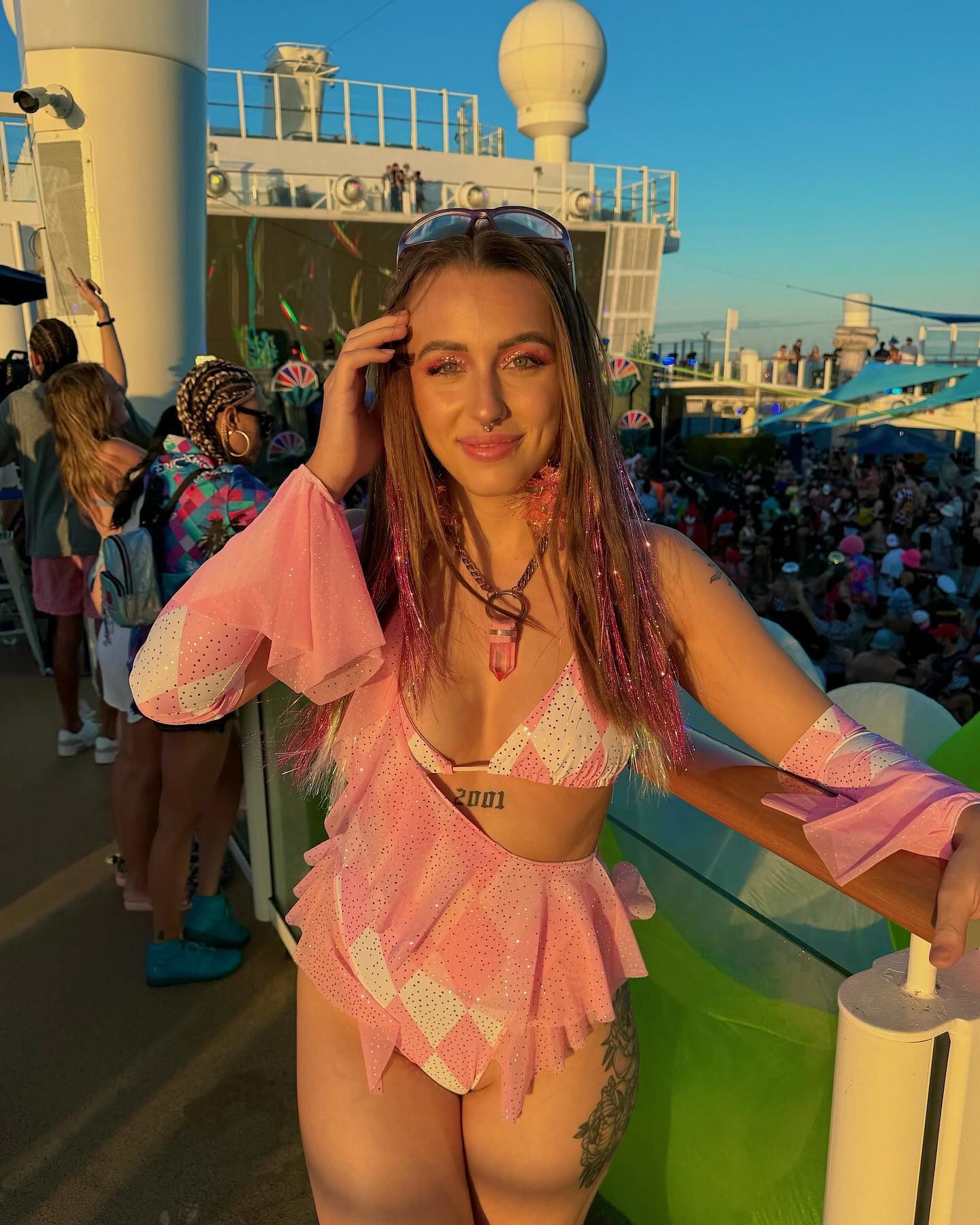 @groovecruise day ???? I’ve lost count at this point LOL

The theme for this day was Groove Racers 🏎️🏁🌸 so u know I had to be a pink one heheheheh 🥰 I have 2 more looks from gc to show yall and im v excited! 

Something about being on a boat in the middle of no where is just so much fun. Ill be on another boat (for funsies) in March with the fam bam and im honestly so pumped for that… 

Outfit Deetz ☆⋆｡𖦹°‧★
Set: @luanathelabel 
Necklace: @shestherainbow 
Earrings: @brittsblossoms
Eye Makeup: @lunautics (hair tinsel too) & @colourpopcosmetics

Me patiently waiting for the Al g0 to love me again 🧍🏼‍♀️

Anyways yall I hope February and 2024 in general is treating you right! And I hope u all have an amazing v day <3 

#raveoutfit #ravefashion #ravewear #festivalfashion #festivaloutfit #festivalstyle #groovecruise #GCFAM #GCMIA24