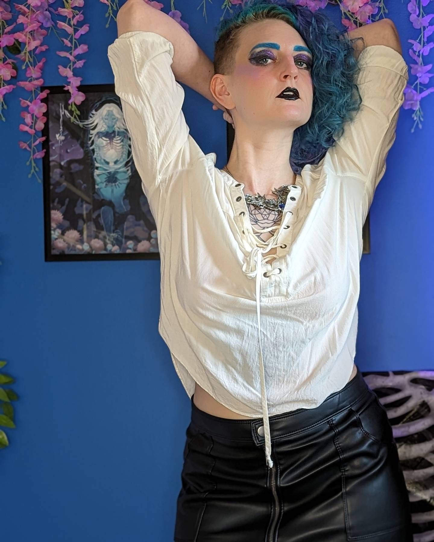 Testing outfits for fair time. #bluehair #goth #blacklipstick #blueeyes