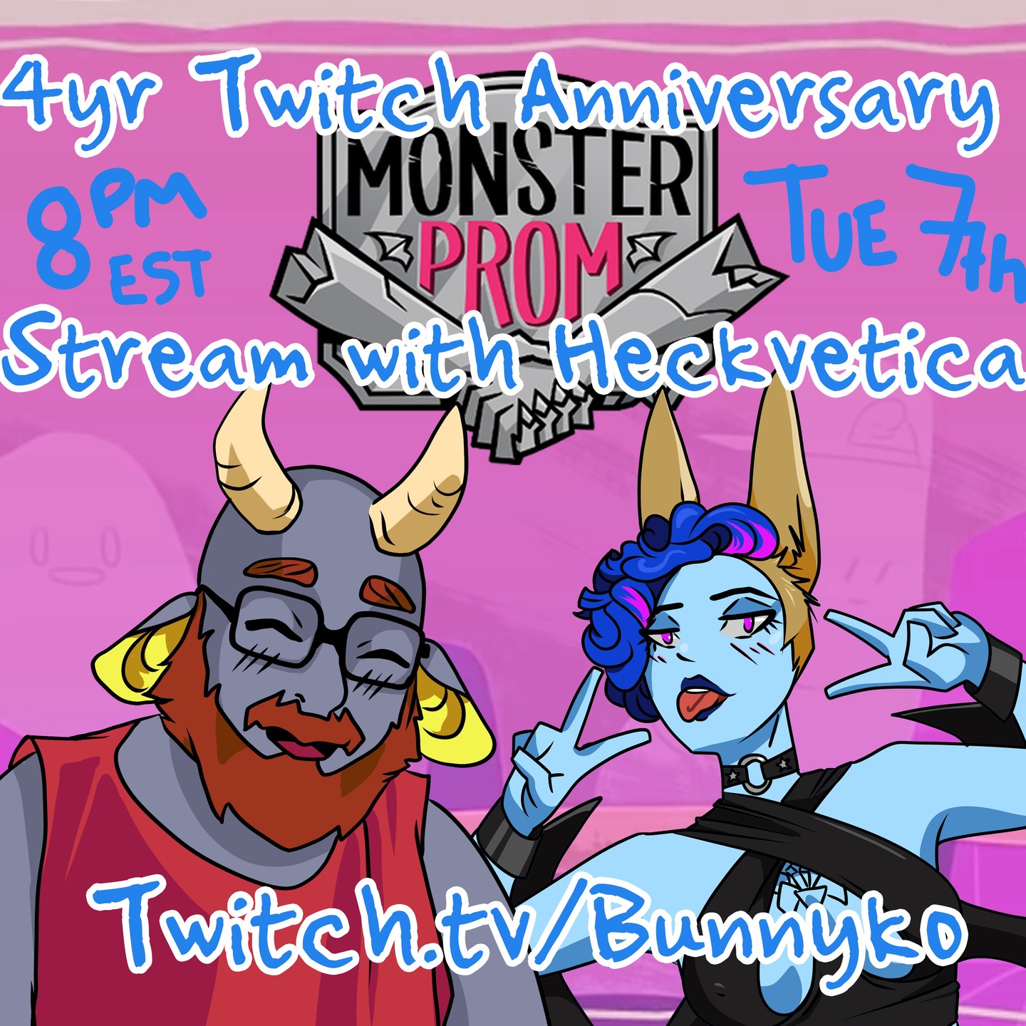 Join @ohheckvetica and me on Tuesday at 8pm and watch us play #MonsterProm in celebreation of my 4 year twitch affiliate anniversay! I have 659 followers and I'll be trying to get to 680!