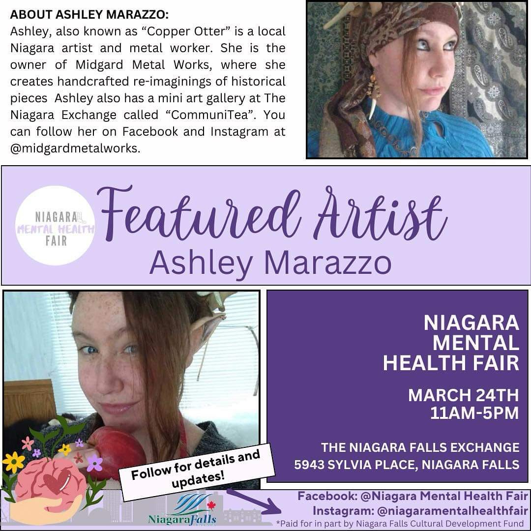 ✨ARTIST SPOTLIGHT✨ 

Back in 2018, Ashley Marazzo, owner of @midgardmetalworks, created an art installation for the Niagara Night of Art of an interactive graveyard, complete with a grave and headstone. It was designed to make the viewer sit with and contemplate their own mortality in order to more deeply appreciate the value of the present moment. Ashley then stood at the entrance to her installation dressed in her pyrate attire and handed out bits of aged sepia-toned paper with a hand-written inspirational quote on one side and the number for a mental health support line on the other. 

Ashley has revived the spirit of this installation for the Niagara Mental Health Fair! You can find her walking about on Sunday, March 24th at The Exchange, @nfxniagarafalls between 12-4PM. 

Ashley has also recently launched a mini gallery at The Exchange called “CommuniTea” — be sure to check it out while you’re there! 

📍5943 Sylvia Place, Niagara Falls 
📆 Sun March 24th 11AM-4PM
👉 Follow Ashley at @midgardmetalworks 

@niagaramentalhealthfair is funded in large part by @niagarafallsculture.🙏

#artinstallation #walkingart #walkingartist #artsandculture #niagaraarts #niagaraartist #niagaraevents #todoniagara #mentalhealthsupport #mentalhealthawareness #mentalhealthmatters #healthandwellness #vendormarket #nfcdf #niagarafalls #mainlyniagara