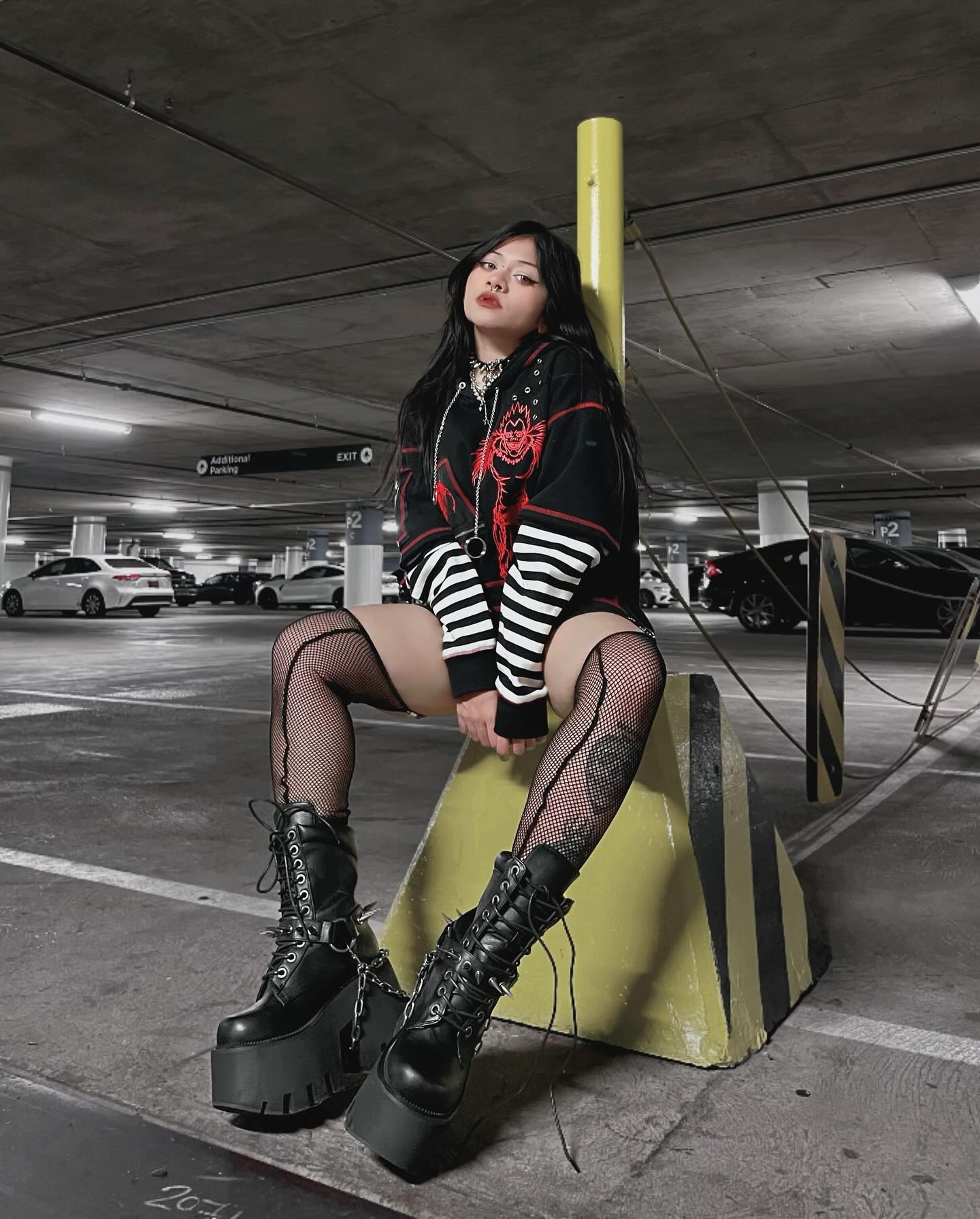 Gotta be the most emo mofo in the local parking lot 
.
Top from @hottopic 
Shoes and leggings from @dollskill @houseofwidow 
.
.
.
.
.
.
#gothgirl #gothgoth #internetgirl #y2k #egirl #outfitinspiration #aesthetic #ootd #piercings #alternative  #animegirl #grungeaesthetic #grungestyle #harajuku #gothfashion #streetstyle #emo #aestoutfit #emogirl #fashion #explore #demonia  #darkcore  #dollskill #hottopic #sponsoredbyHT #HTFxDeathNote #houseofwidow