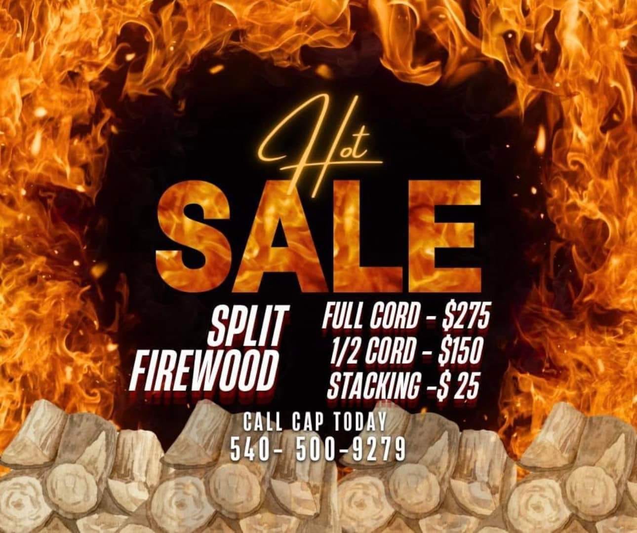 SPLIT & SEASONED FIREWOOD 🪓🪵🔥
FULL CORD: $275
1/2 CORD: $150
Stacking: $25
CALL AND/OR MESSAGE CAP AT Pressure & Soft Washing w/ CAP 
CALL, TEXT, OR MESSAGE  CAP 540-500-9279 📞