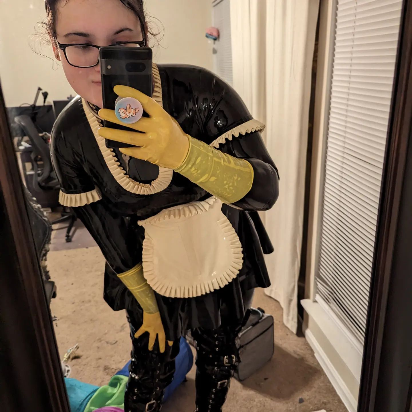 Just put my Latex Maid Outfit over My latex Catsuit. I have some beautiful Yellow Latex Gloves and some 8inch pvc pleasers 💕☺️💕💕💕💕

Its going to be a fun night