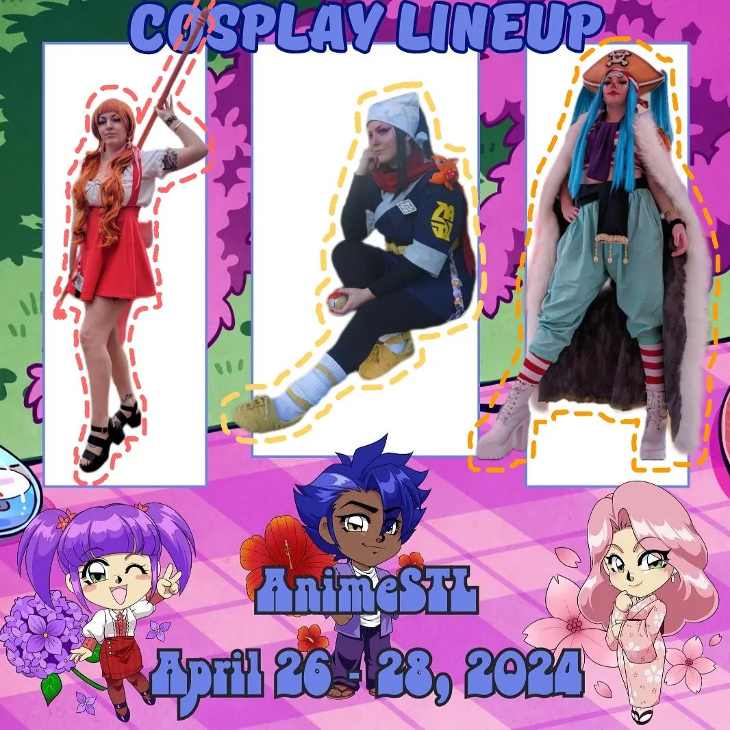 Lineup post for @animestl ! It feels weird to not wear a single piece of armor for a whole con weekend 💀 I hope to see some of you there! 🩷 Also, @atorable_cosplay and I will be hosting 3 panels! Foamsmithing and competing in cosplay panels! Woot. 

#cosplay #cosplayer #animestl #astl #animestlouis #animestlouis2024 #astl2024 #onepiececosplay
