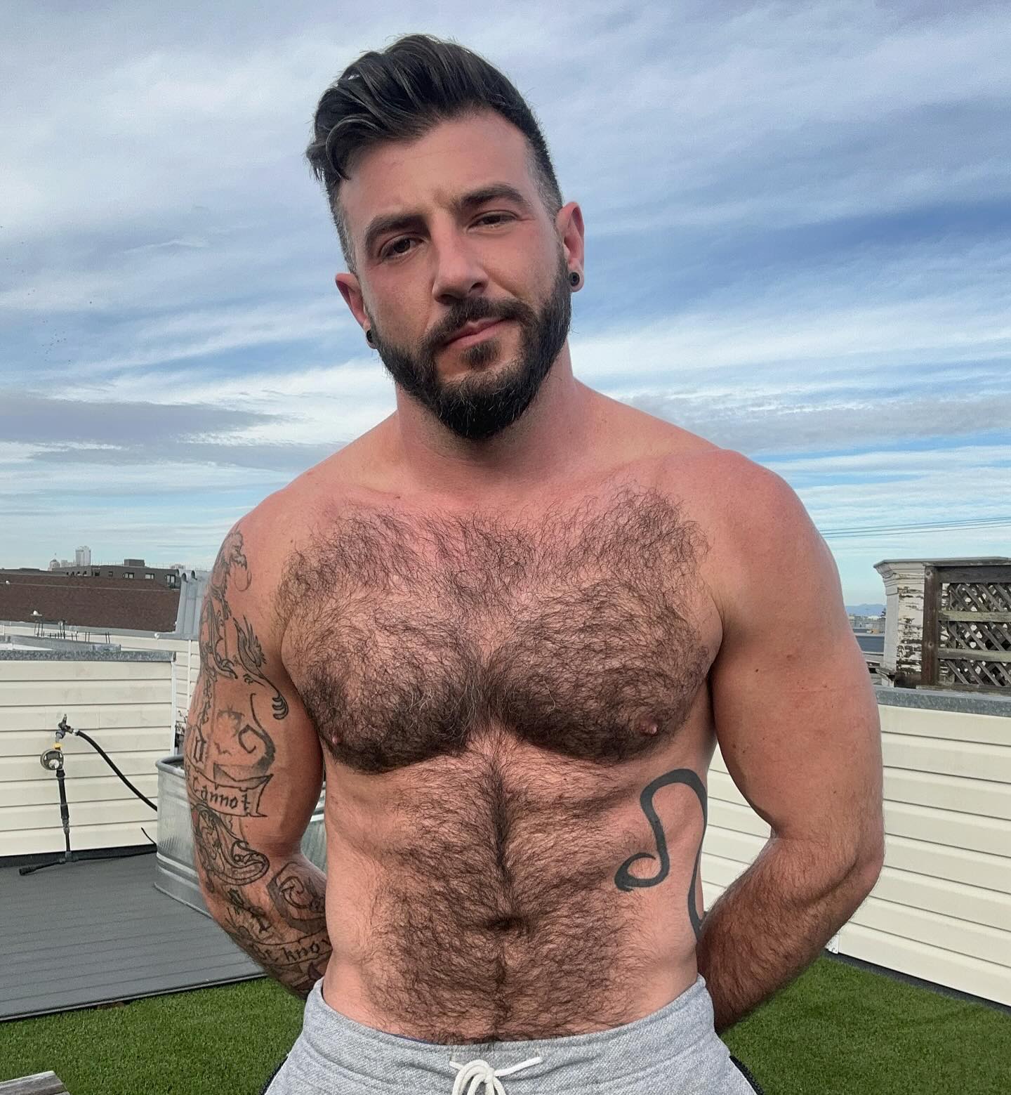 Little photoshoot on my new roof deck. The clouds were calling for it ☁️ 

.

.

.

.

.

.

#hikinggays #outdoorsygay #traillife #hairygaymen #hairygays #hairymuscles #hairymusclegay #hairysexy #sexyhairy #waterfall #musclegays #muscledad #muscledaddy💪 #musclesandtattoos