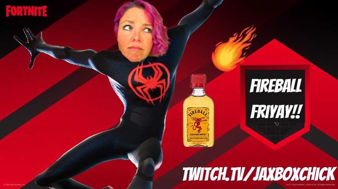 It's Fireball Friday time again on Twitch! I'll be live soon at www.twitch.tv/jaxboxchick and we plan to play Fortnite forever!! 

If you haven't caught one of these streams they are a silly fun time! You can help me pay my bills by buying me shots of Fireball or tipping for me to eat gross jelly beans. 

Or just watch and laugh and enjoy kicking off your weekend with the silliest Fortnite crew on the planet!

#FireballFriday #gaming #fortnite #jaxboxchick