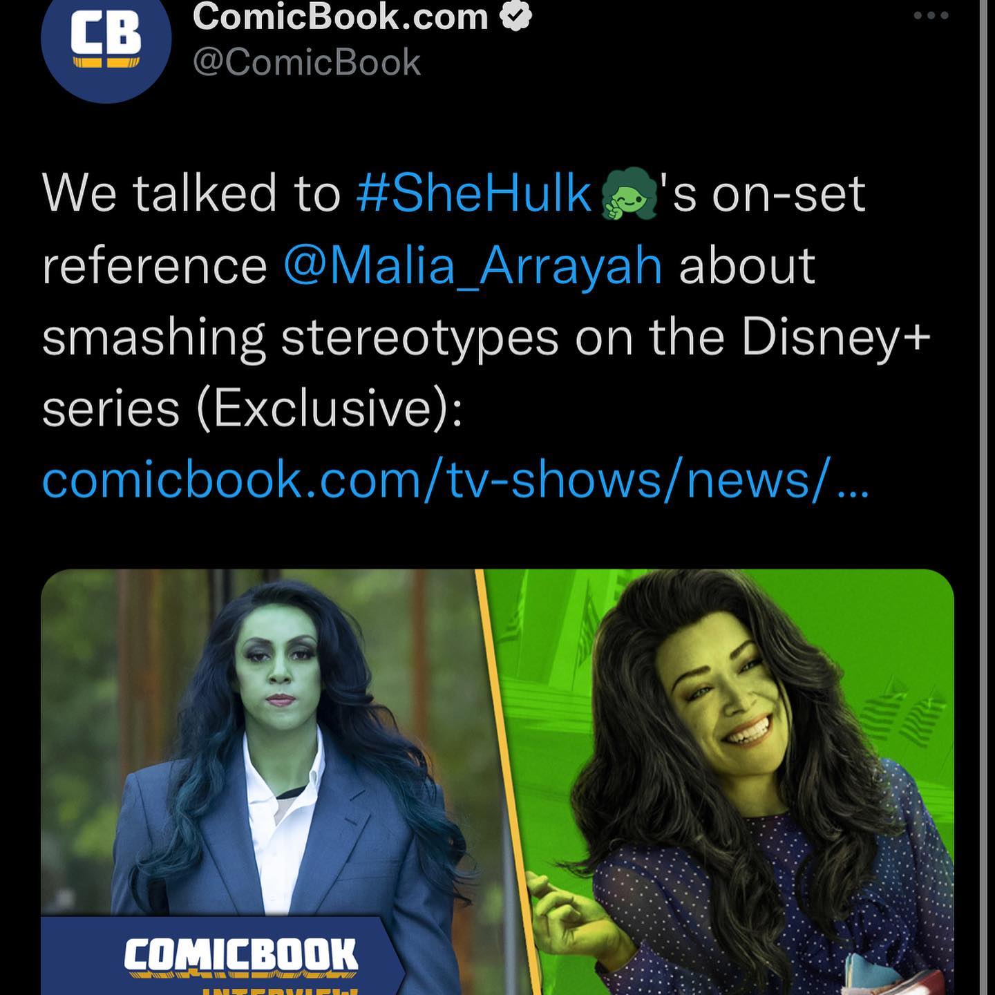 What a wildly fun experience🥰💚. Just wanted to quickly thank everyone for all the love and support of the show @shehulkofficial and sending/commenting your support and love for the show💜💚💚💚 
.
If you’re interested in checking out this interview (which I absolutely loved) where I was asked about body image :) hit the link in the bio💚💜
.
Thank you @comicbook for wanting to chat 🥰💚