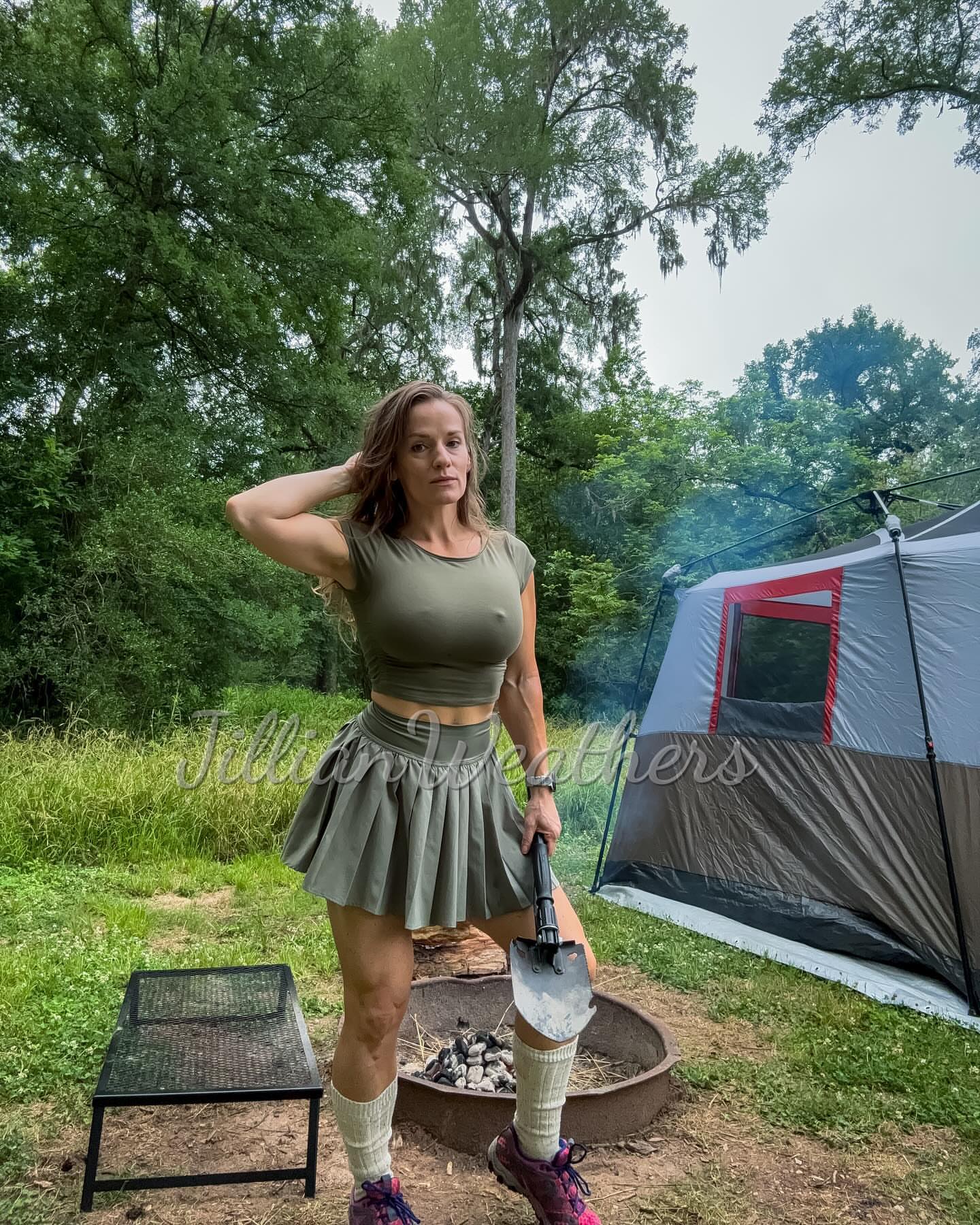 1, 2 or 3? Who wants to go camping with me?? 😍🏕️🔥 
Smoky, dirty and sweaty — and never better 🫶🏻 
And trust me — it was about 80 degrees and 100000% humidity — although my (•)(•) are saying otherwise 😂 
Do you like to go tent camping?? Answer below ⬇️