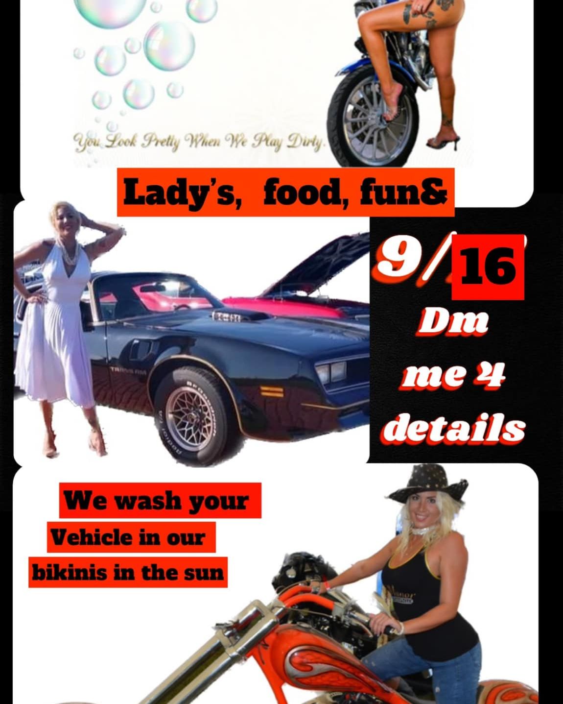 Vip sexy bikini wash you bring him and Dirty and my girls will clean it up for you !!!￼ lots of sexy ladies, photographers networking event while you get your vehicles washed there will be food, games entertainment, and Moore don’t miss out! This Saturday!!! DM md for details