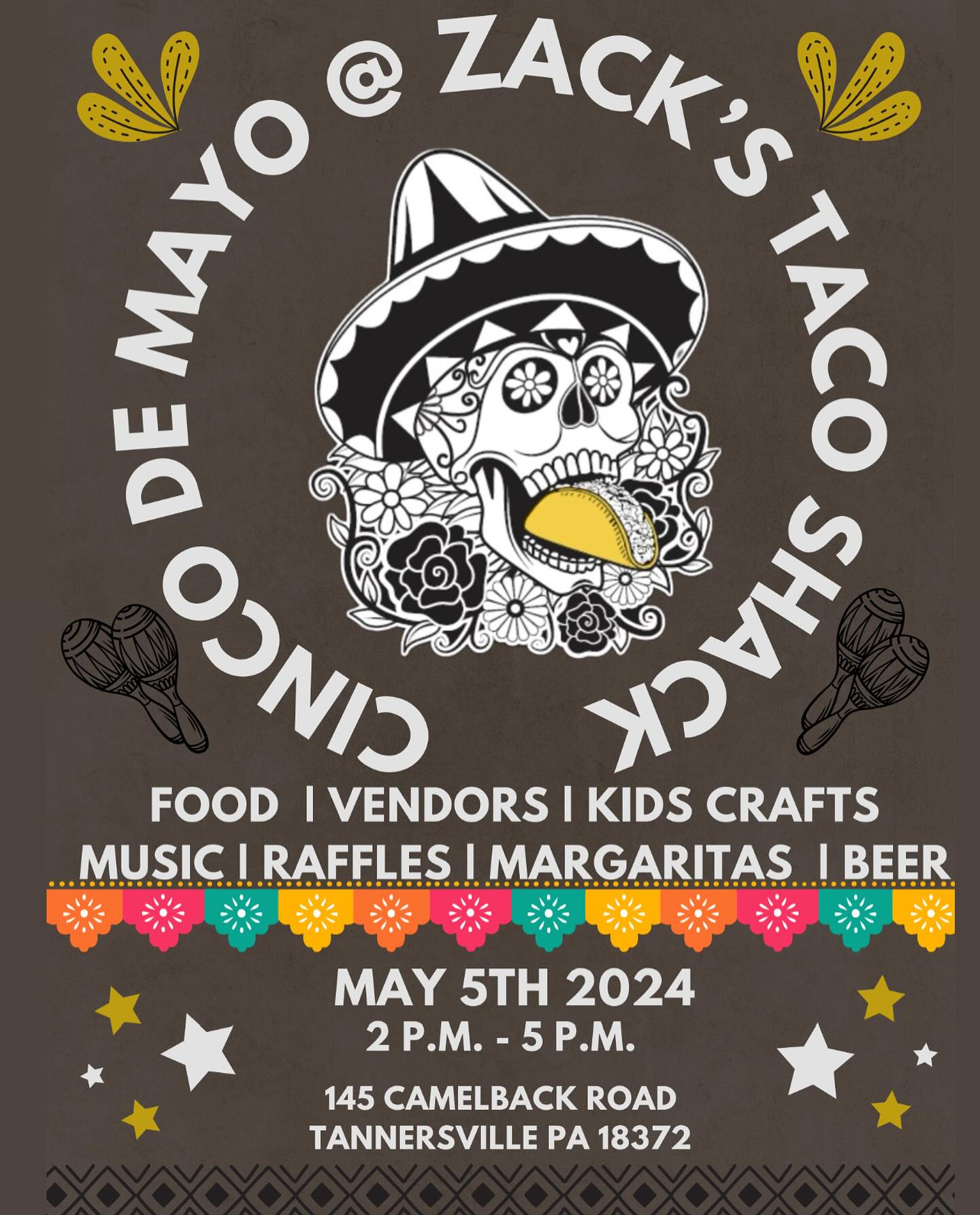 🌮 🪅💀CINCO DE MAYO @ ZACK’S TACO SHACK💀🪅🌮

We’re so excited to celebrate with some awesome vendors. Bring your families - lots to do for kids and local artist activities!