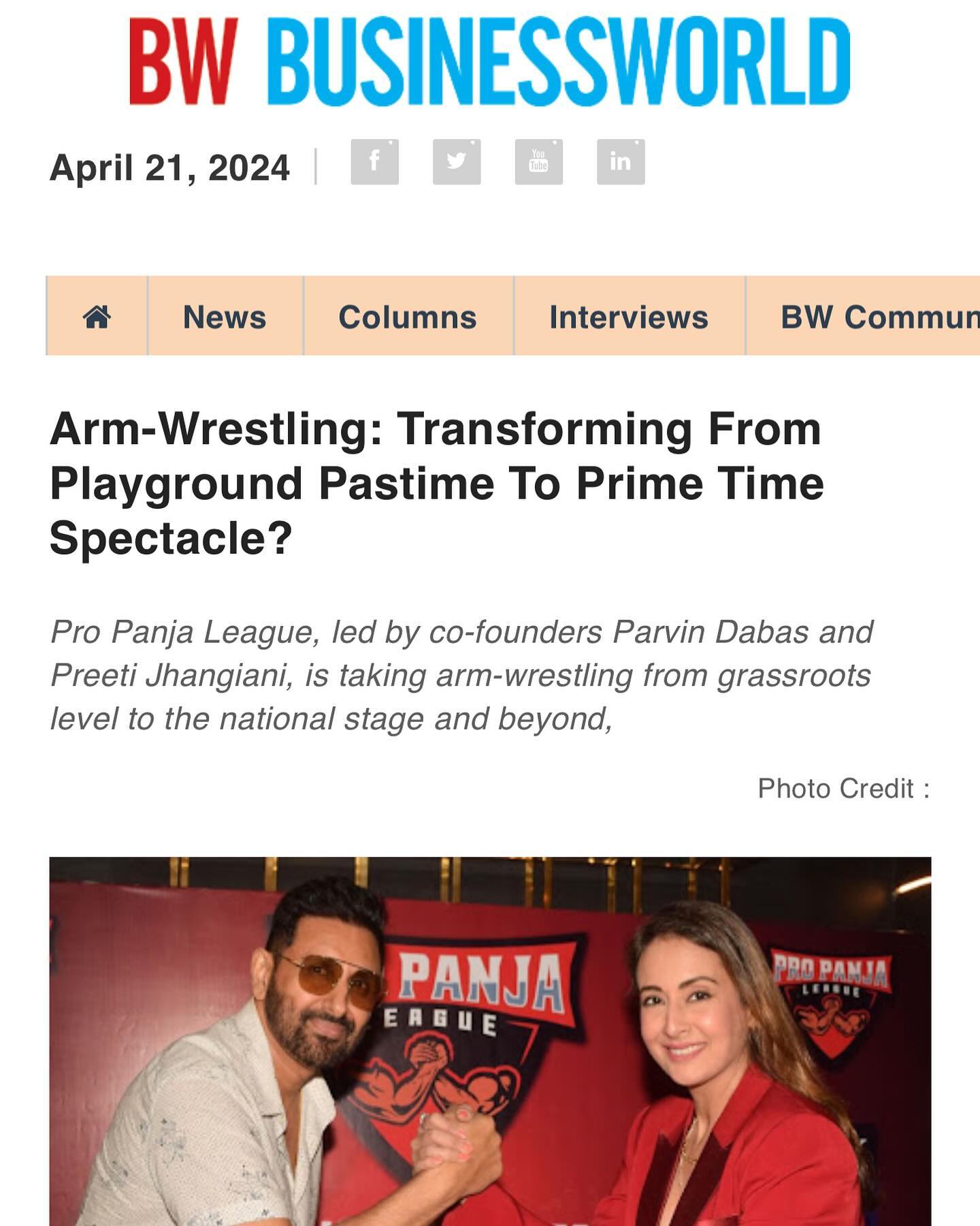 Thank you @businessworldbw for the lovely article…link to full article in stories 
@suniel.shetty @propanjaleague 
#propanjaleague #propanjafamily #armwrestling