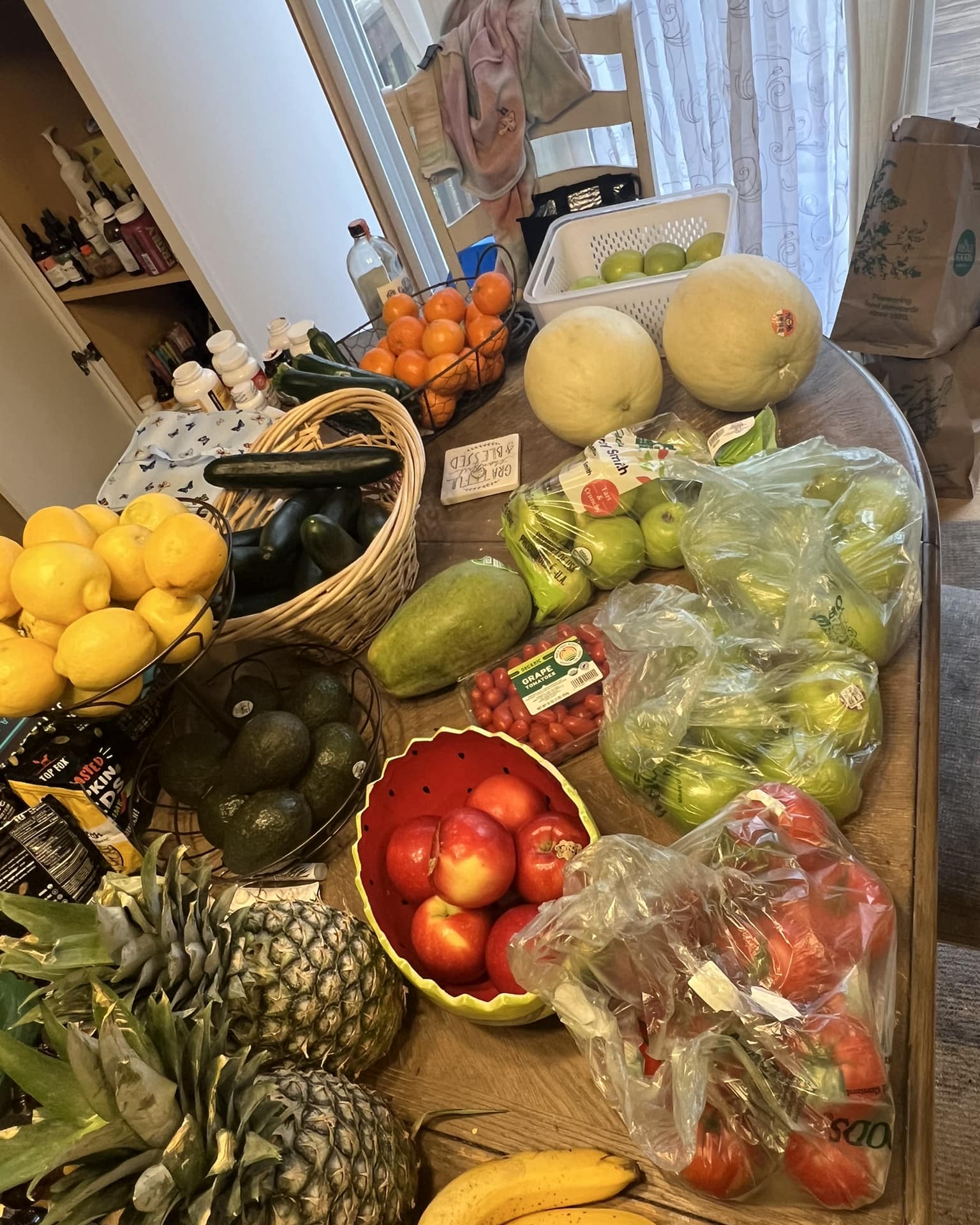 Typically what my fruit haul looks like except I didn’t find watermelons or grapes.
Everyday favorites cucumbers tomatoes avocados
Juicing everyday favorites apples lemon pineapples oranges and sometimes honeydew 🫶🏻🦋🌈☀️🍉🍏