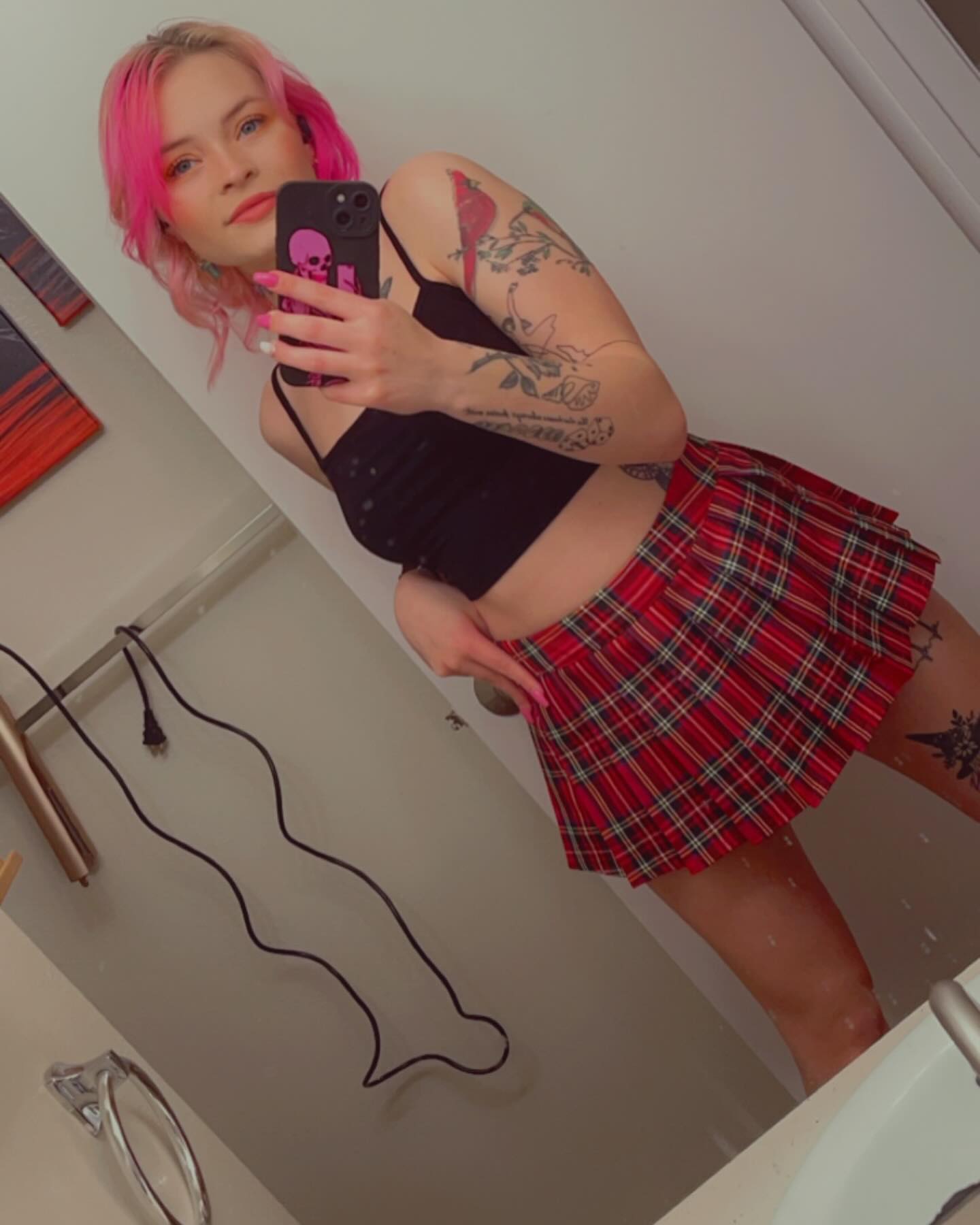 Is my skirt short enough? 🤪  #linkinbio #pinkhair #tatted #petite