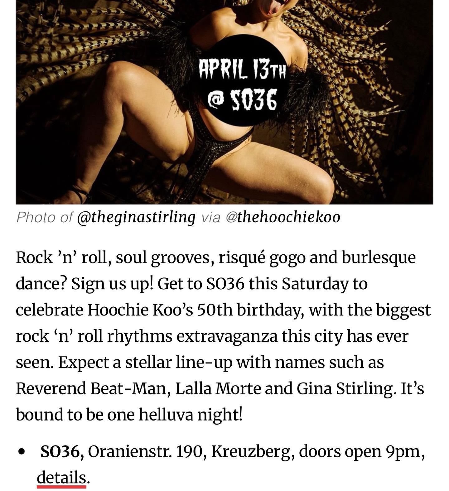Feeling very excited to have my first mention in Berlin Media with @exberliner_mag for @thehoochiekoo. This Saturday at @so36_club. I can’t wait to perform at this iconic event. 

📸 @paikov 

#theginastirling #ginastirling #ginastirlingburlesque #burlylife #internationalshowgirl #pinupgirl #burlesqueshow #burlesquecostume #costume #berlin #thehoochiekoo #so36 #berlinburlesque #berlincabaret #theberliner #exberlinermag