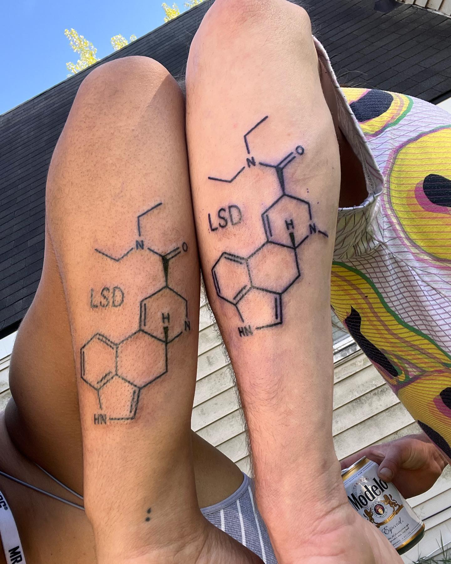 Matching tattoos with my husband 🤍
#LSD is more than just a drug. It has had such a huge impact on each of our lives as individuals and as a couple. What better way to memorialize the importance of it. 
Lysergic Acid Diethylamide isn’t just a drug. It’s a much more helpful tool, when used the right way, than most would think. I have never felt more grounded, down to earth and closer to myself than I do while I’m tripping. It resparks the connection between me and reality. It shows me that there is more to this plain than what we see. I become so much more social, when I normally suffer from social anxiety. The dark, brooding thoughts that drain me daily dissipate from my mind and it becomes quite or filled with my favorite tune. #acid can and should be used for health remedies. There’s a reason the government makes it illegal; #ifyouknowyouknow 

Huge huge shout out to @alyssa.tattoos for the amazing work she did! I am still so amazed and the line work of this tattoo! Not a jagged or crooked like in sight. 10/10 definitely recommend. She’s a total sweetheart and her artwork is beautiful as well! 🫶🏽

#lysergic #acid #diethylamide #matchingtattoos #linework #lineworktattoo #tattoo #molecular #moleculartattoo #molecules